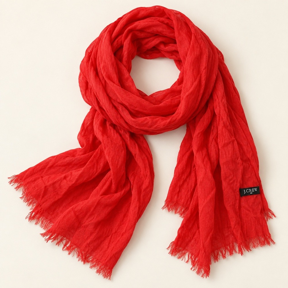 J.Crew Bright Red Lightweight Crinkle Woven Fringe Scarf 69 x 26
